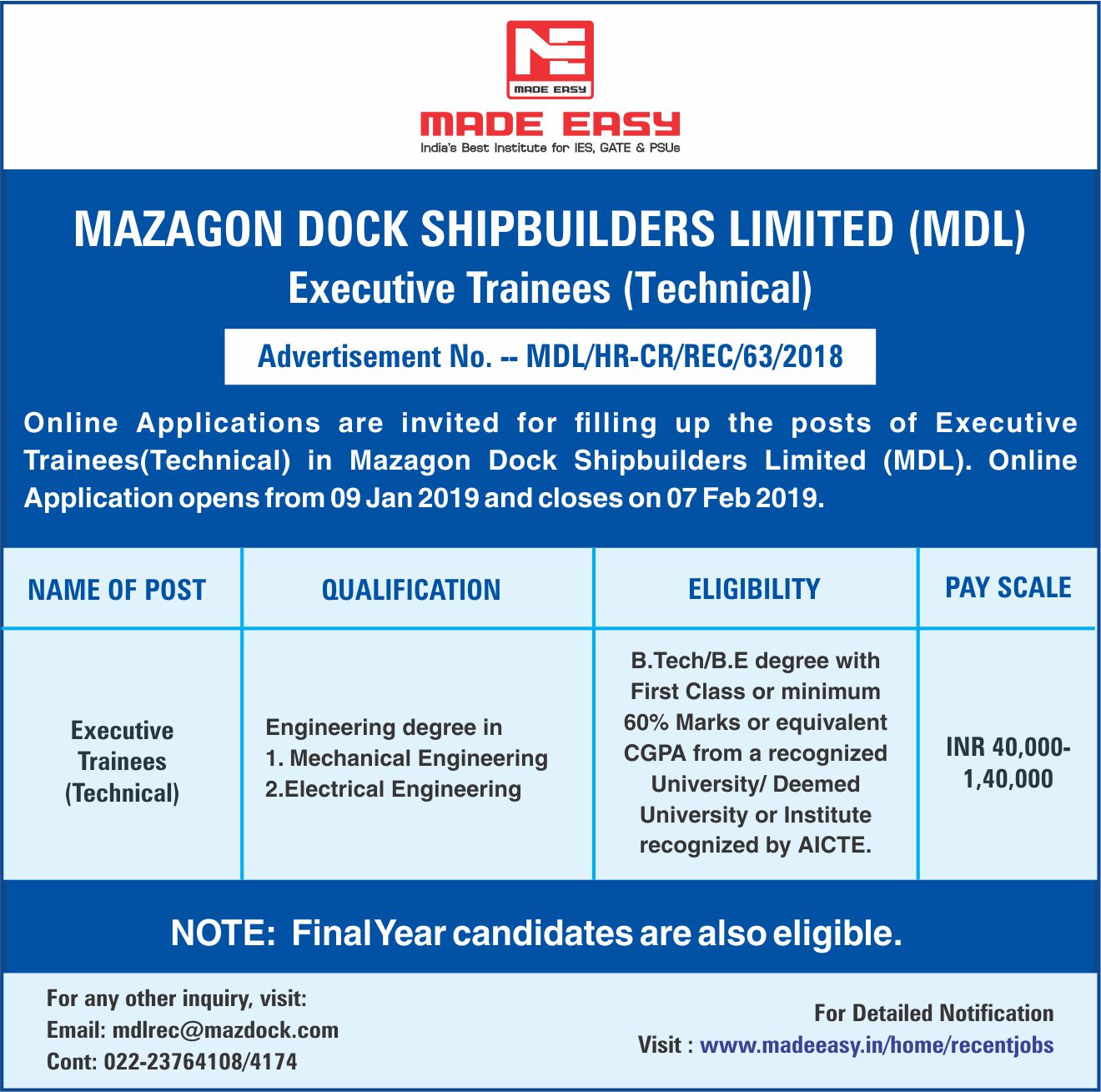 Mazagon Dock Shipbuilders Recruitment - 8 Executive Trainee 