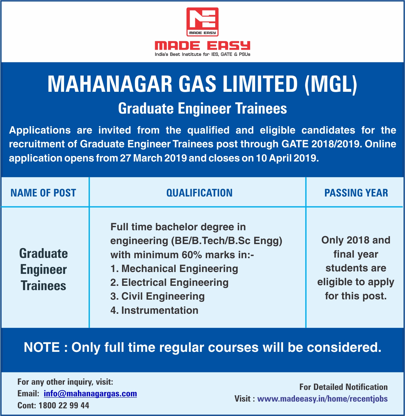 MGL Recruitment 2019 For Posts Of Graduate Engineer Trainees