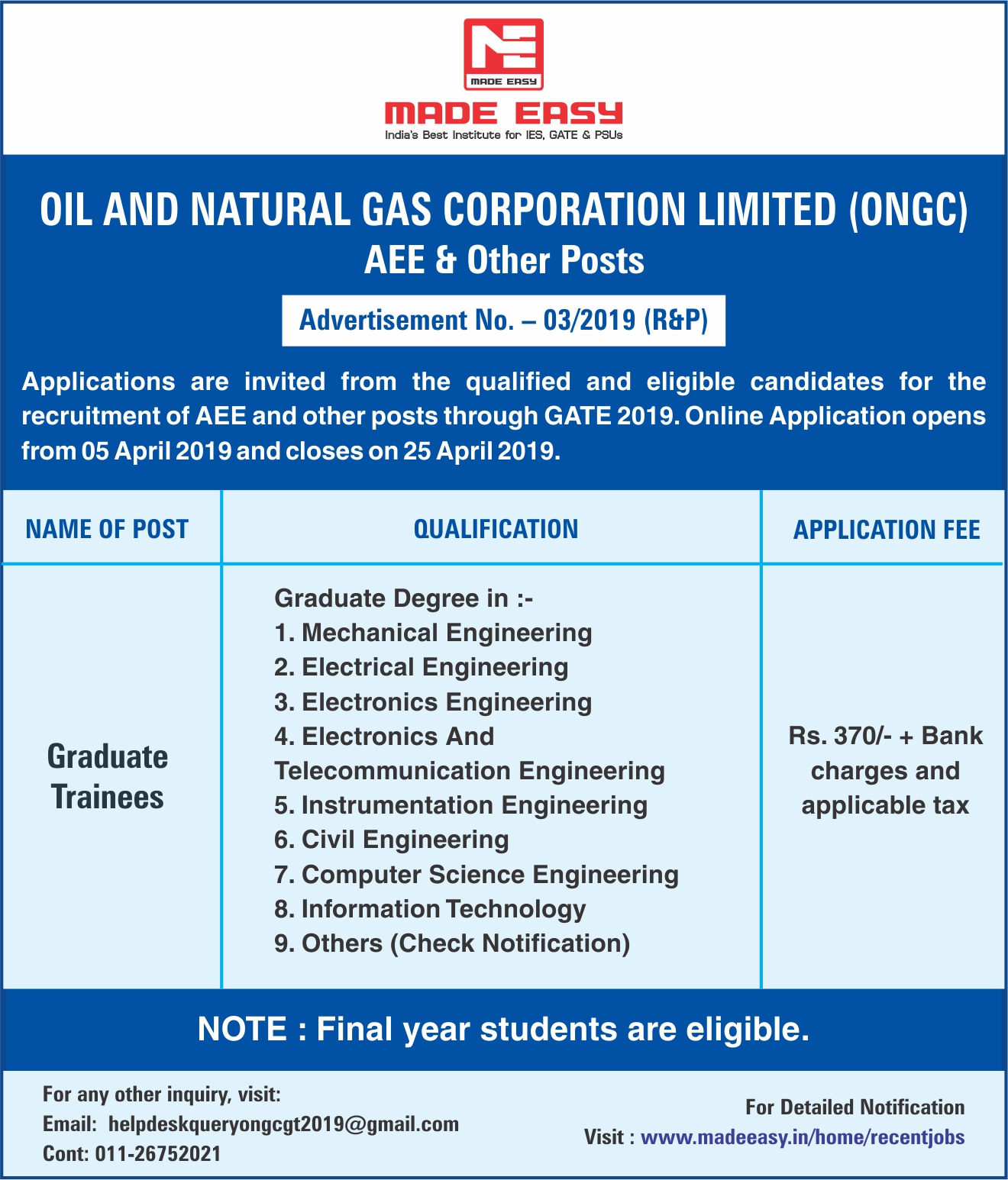 ongc-recruitment-of-aee-and-other-posts-through-gate